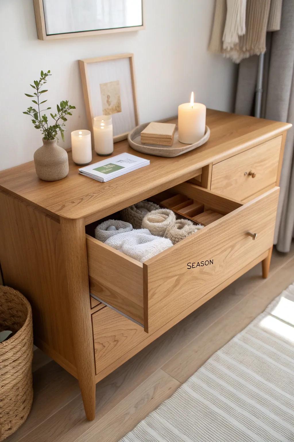 A dining-room dresser with labeled drawers keeps linens, placemats, and candles perfectly sorted.