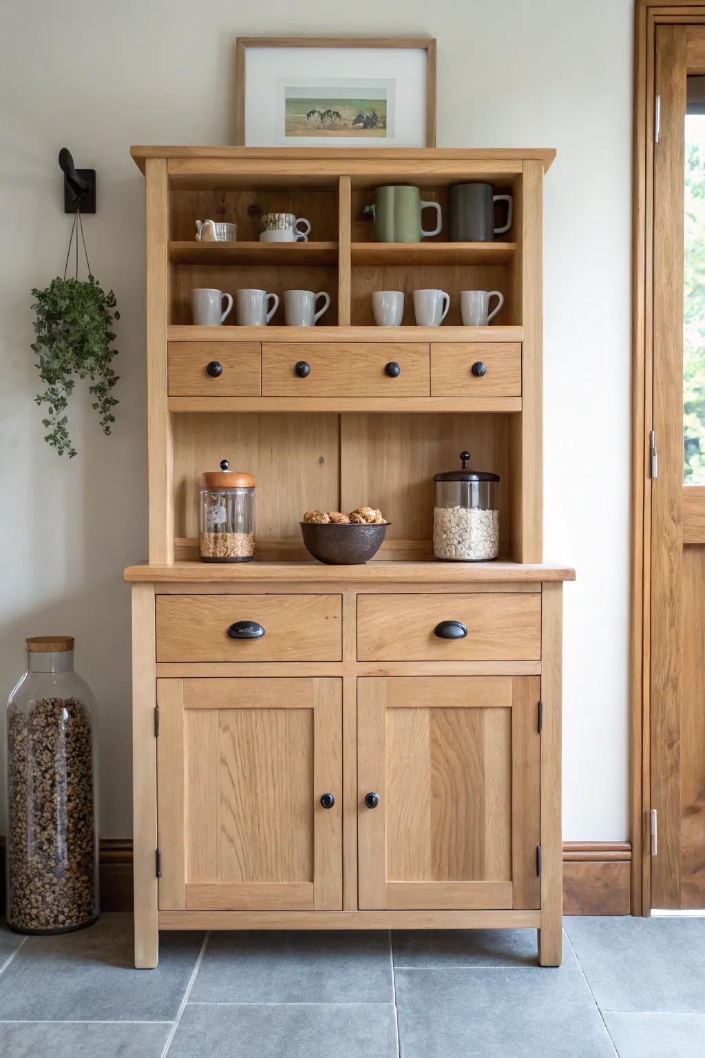A light-oak kitchen dresser turned coffee & tea zone—mugs up top, supplies tucked away.