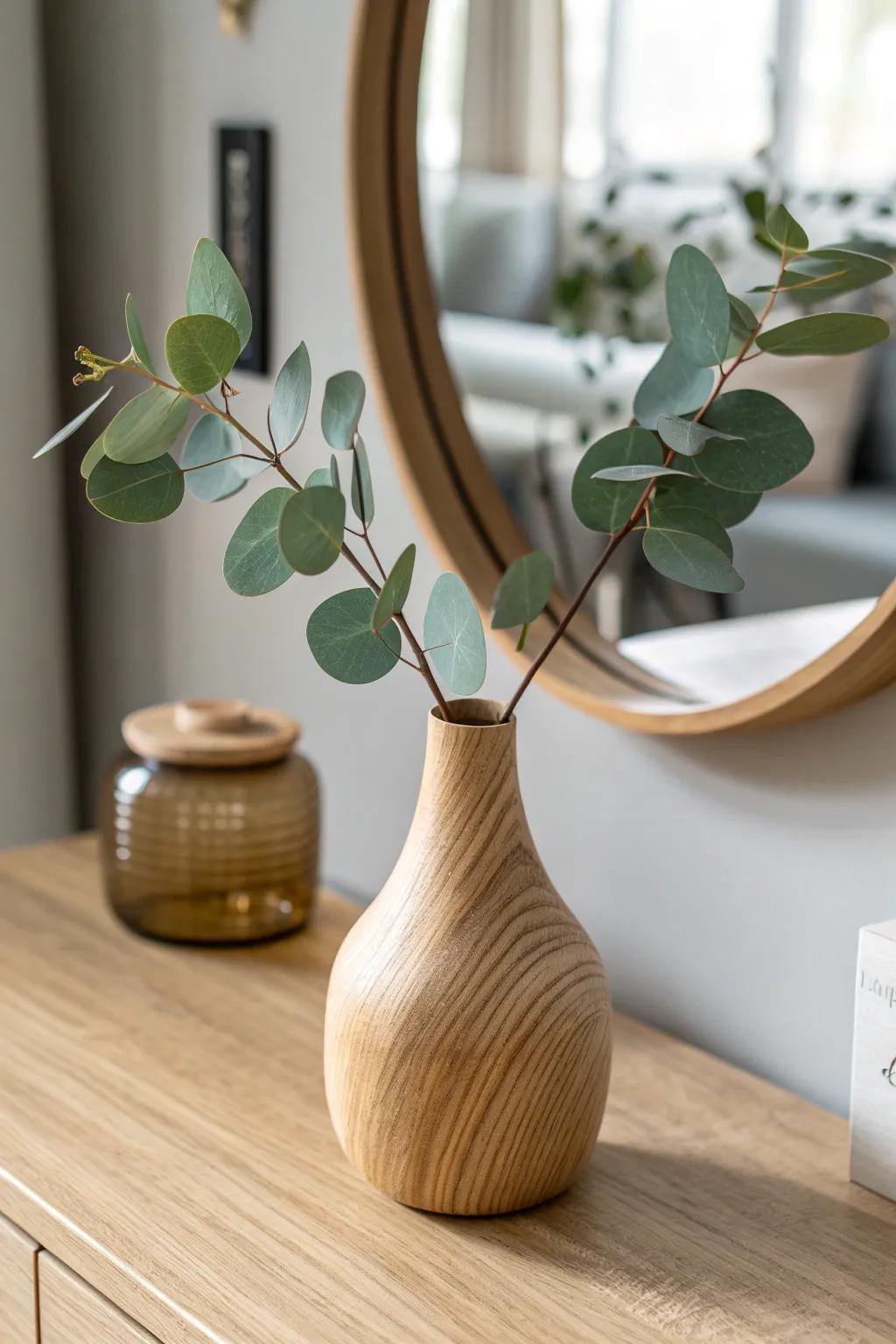 A small wooden bud vase with fresh greenery adds softness and calm to your dressing table.