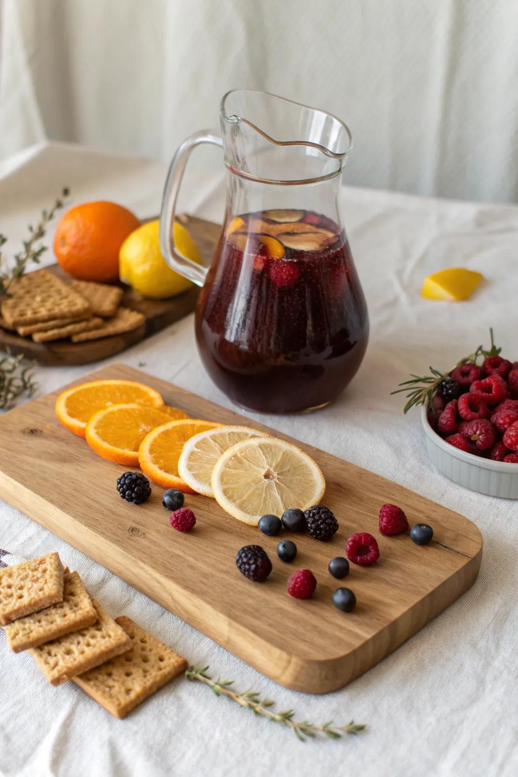 Sangria pitcher board with citrus, berries, and crunchy nibbles—simple, stunning centerpiece.