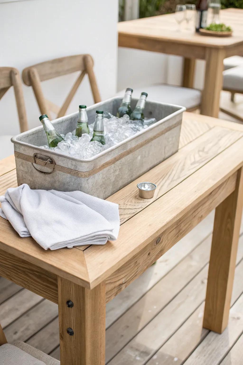DIY outdoor drinks table with an inset cooler trough—ice-cold bottles and easy drain cleanup.