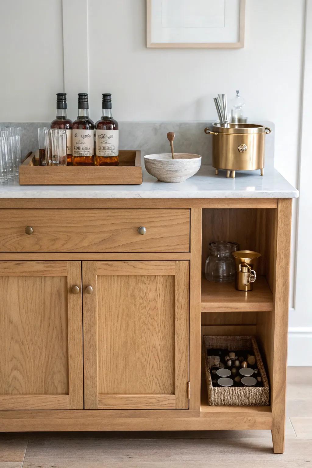 Create a styled dry sink bar with simple zones for bottles, tools, and glassware.