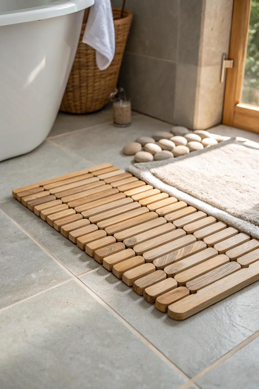 Pebble-textured wood underfoot for a calm, spa-like bathroom—warm, grounded, and minimal.