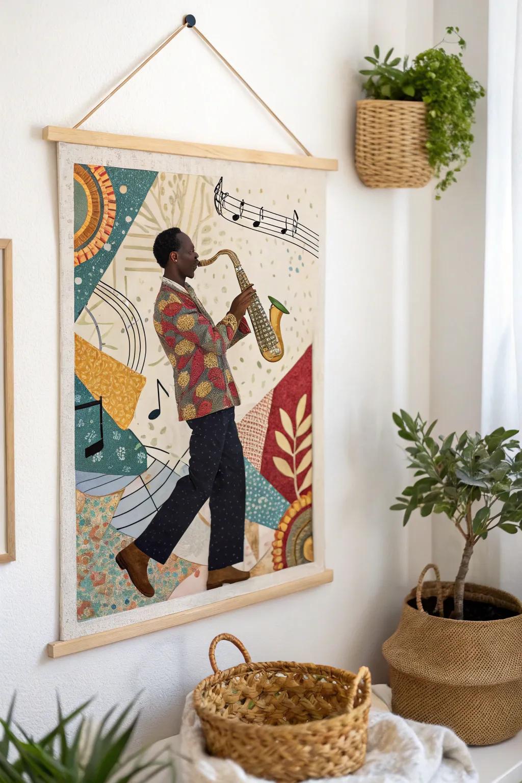 Celebrate the rhythm of jazz with a stunning Romare Bearden-inspired collage that brings art and music together in perfect harmony.