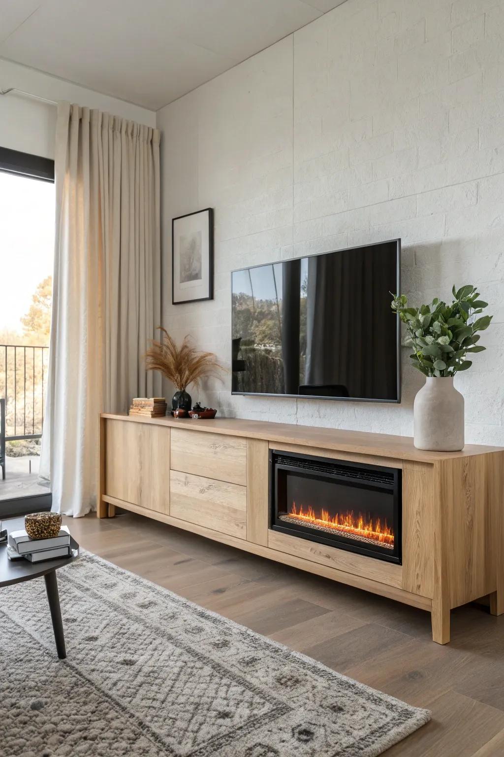 Low oak media console with a linear electric fire—sleek built‑in look, warm minimalist glow.