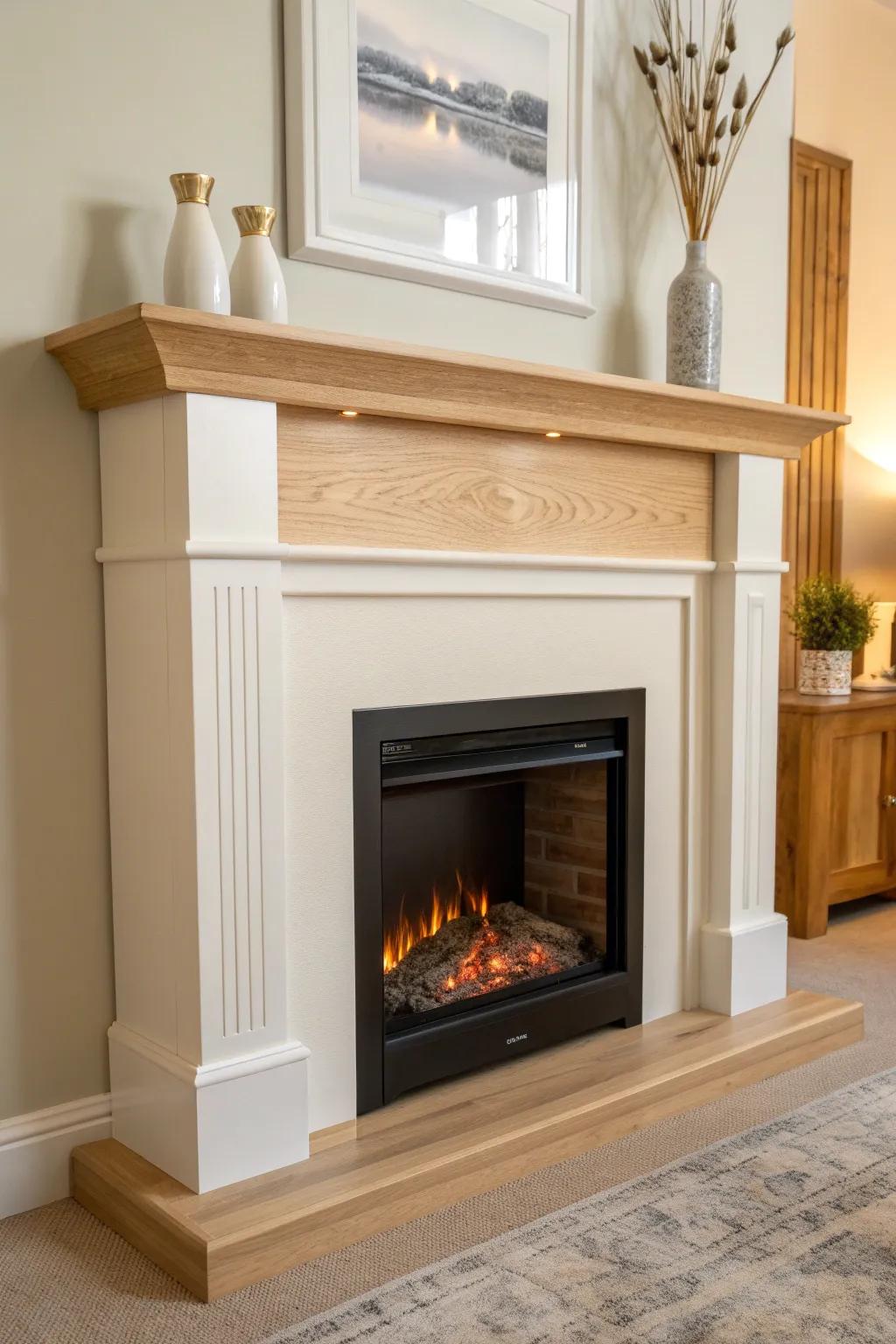 Soft painted surround + warm oak top—an airy electric mantel look with cozy contrast.