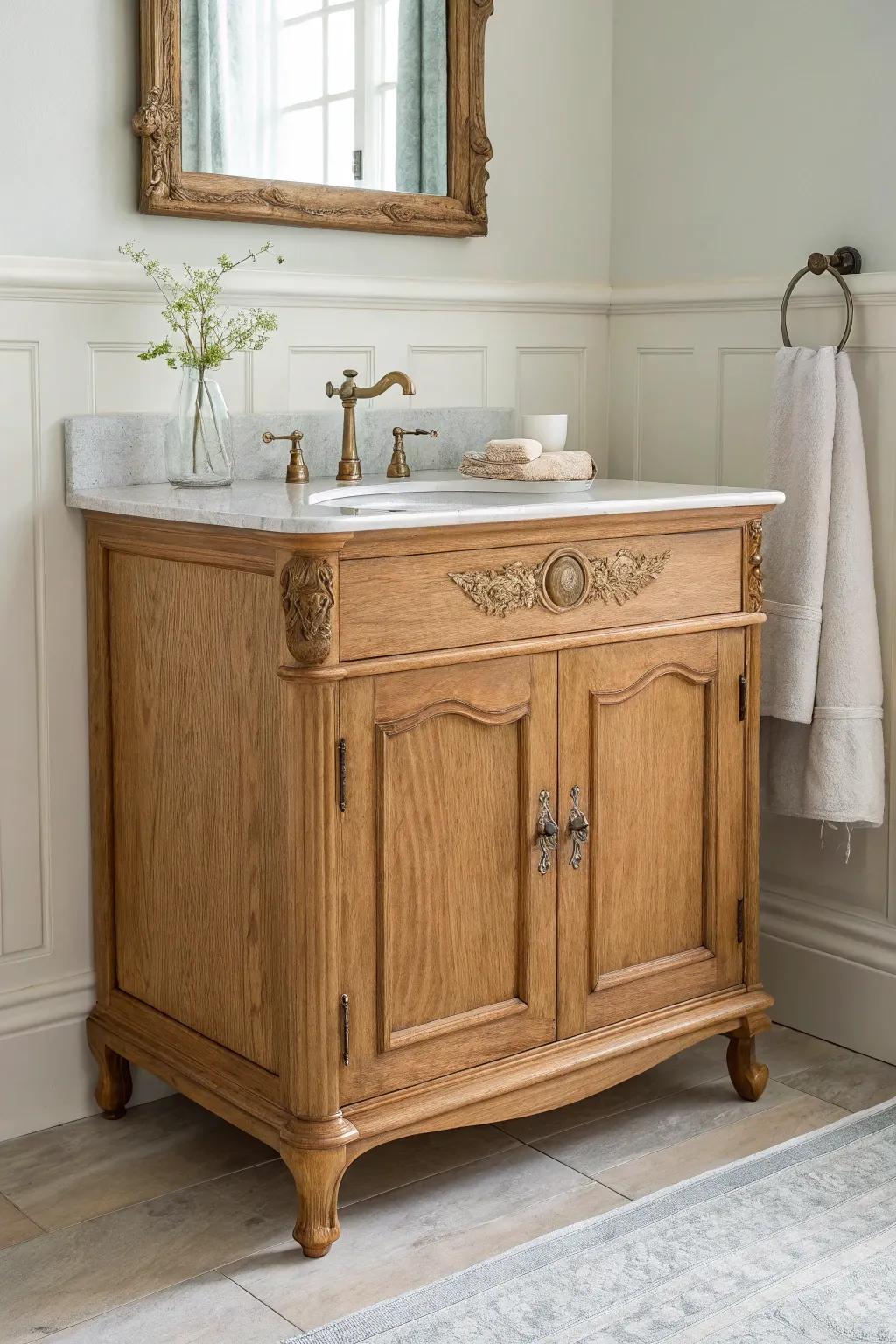 Rustic-meets-refined: a solid wood vanity paired with a pale stone-look countertop.