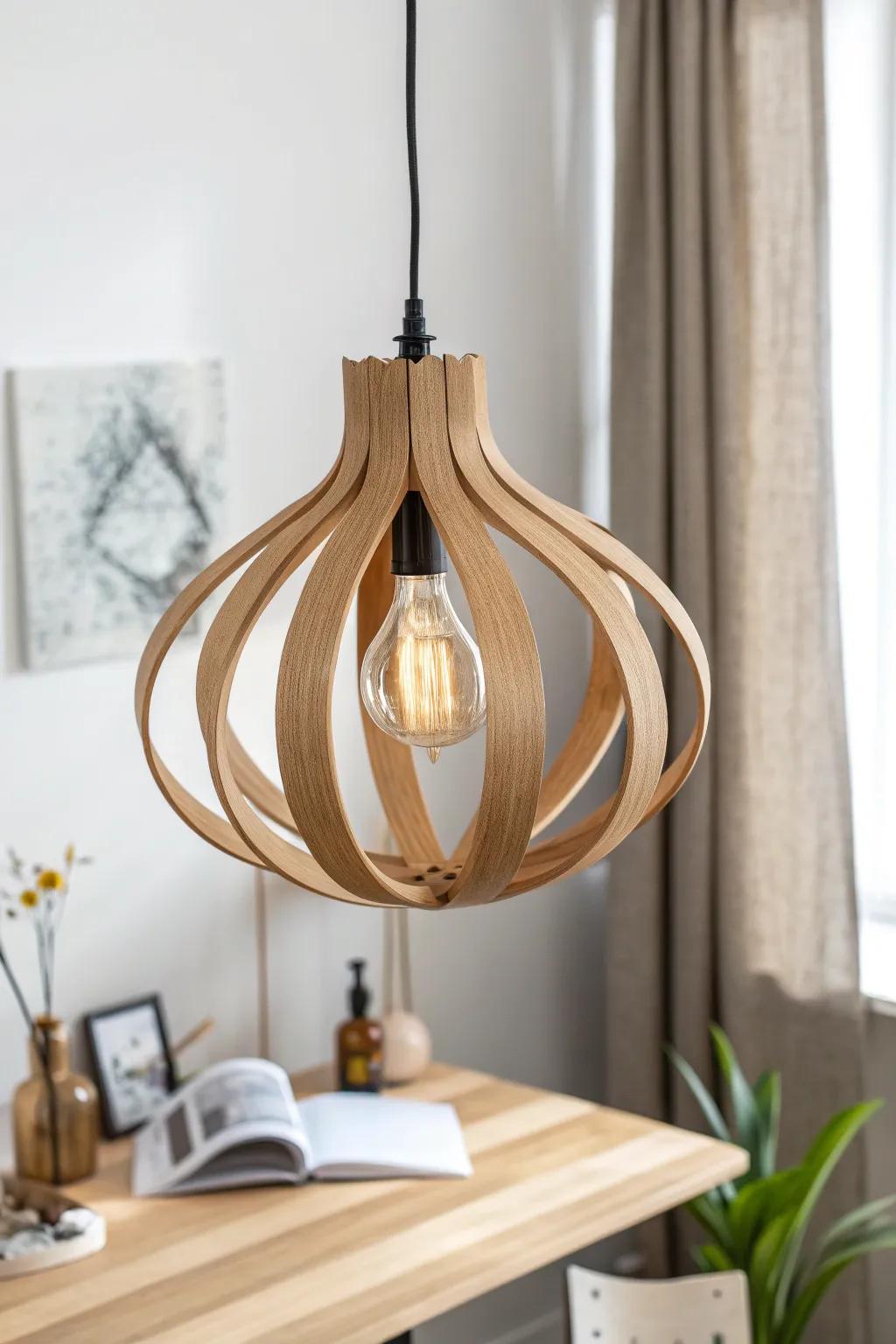 A sculptural wooden pendant turns a simple office corner into an elegant focal point.