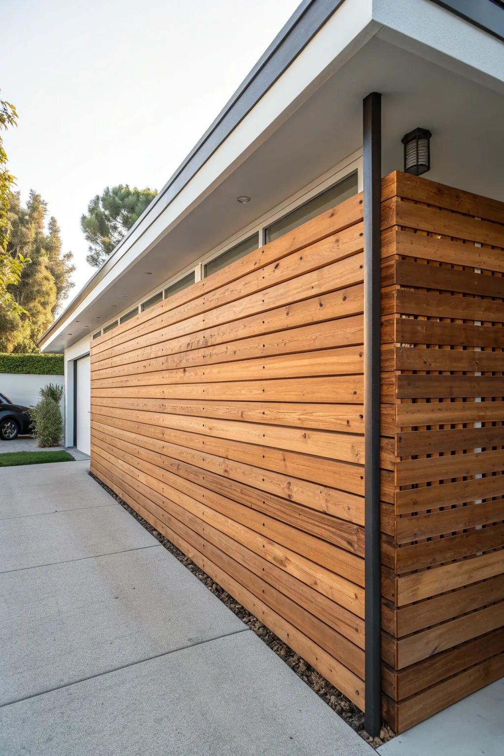 Horizontal wood slat privacy wall: an airy carport enclosure that hides clutter in style.
