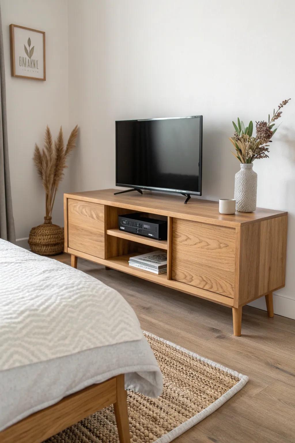 Slim oak end-of-bed TV console with hidden cable channel—perfect for tight bedrooms.
