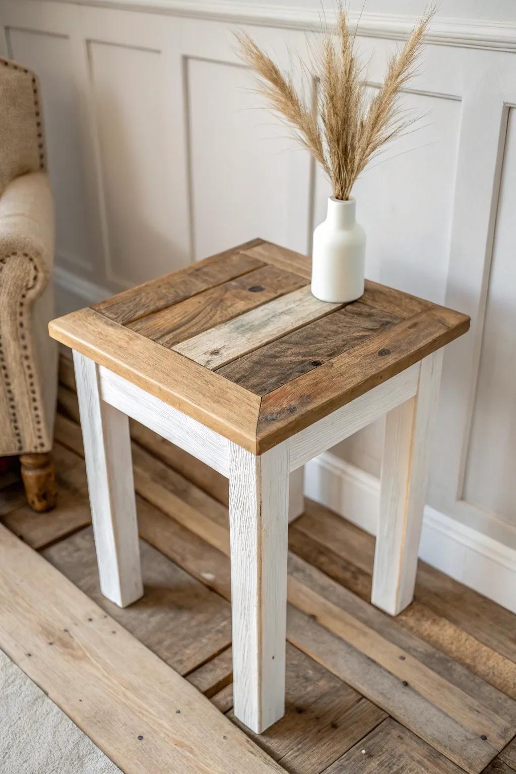 Planked reclaimed wood end table top with a crisp chamfer—natural texture, minimal style.