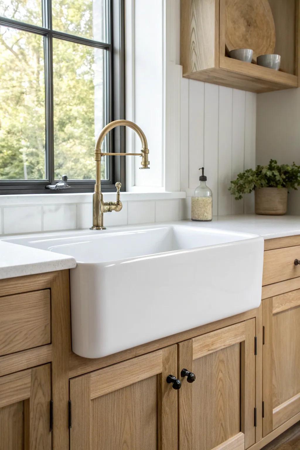Deep apron-front farmhouse sink in warm oak cabinetry—cottage function with Nordic calm.