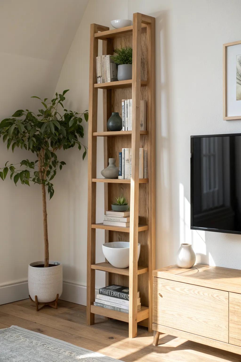 Wall-hung bookcase tower beside a mounted TV—warm oak, pottery accents, and greenery.