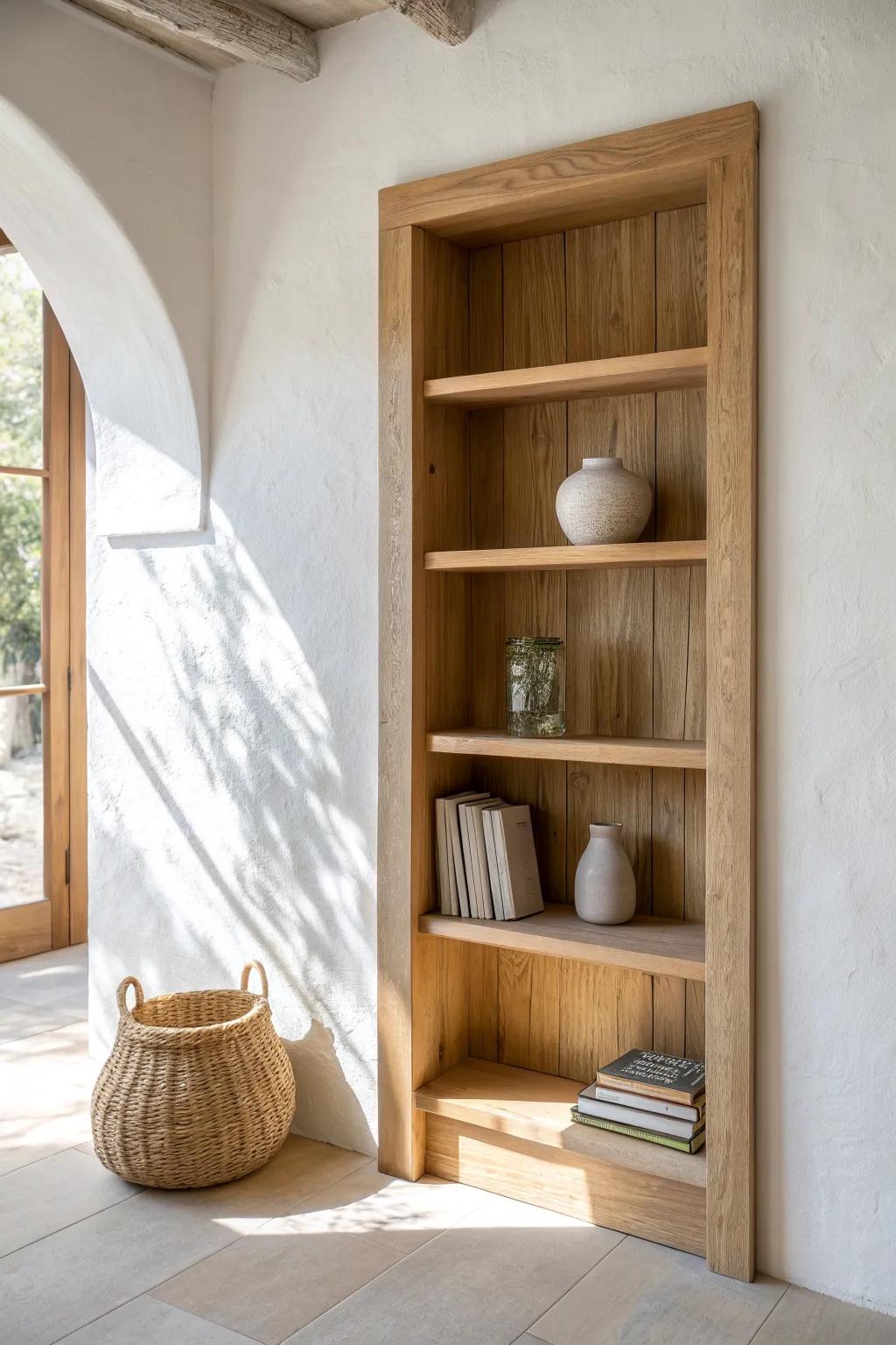 A clean recessed oak bookshelf niche with a deep basket shelf—built-in calm for the entryway.