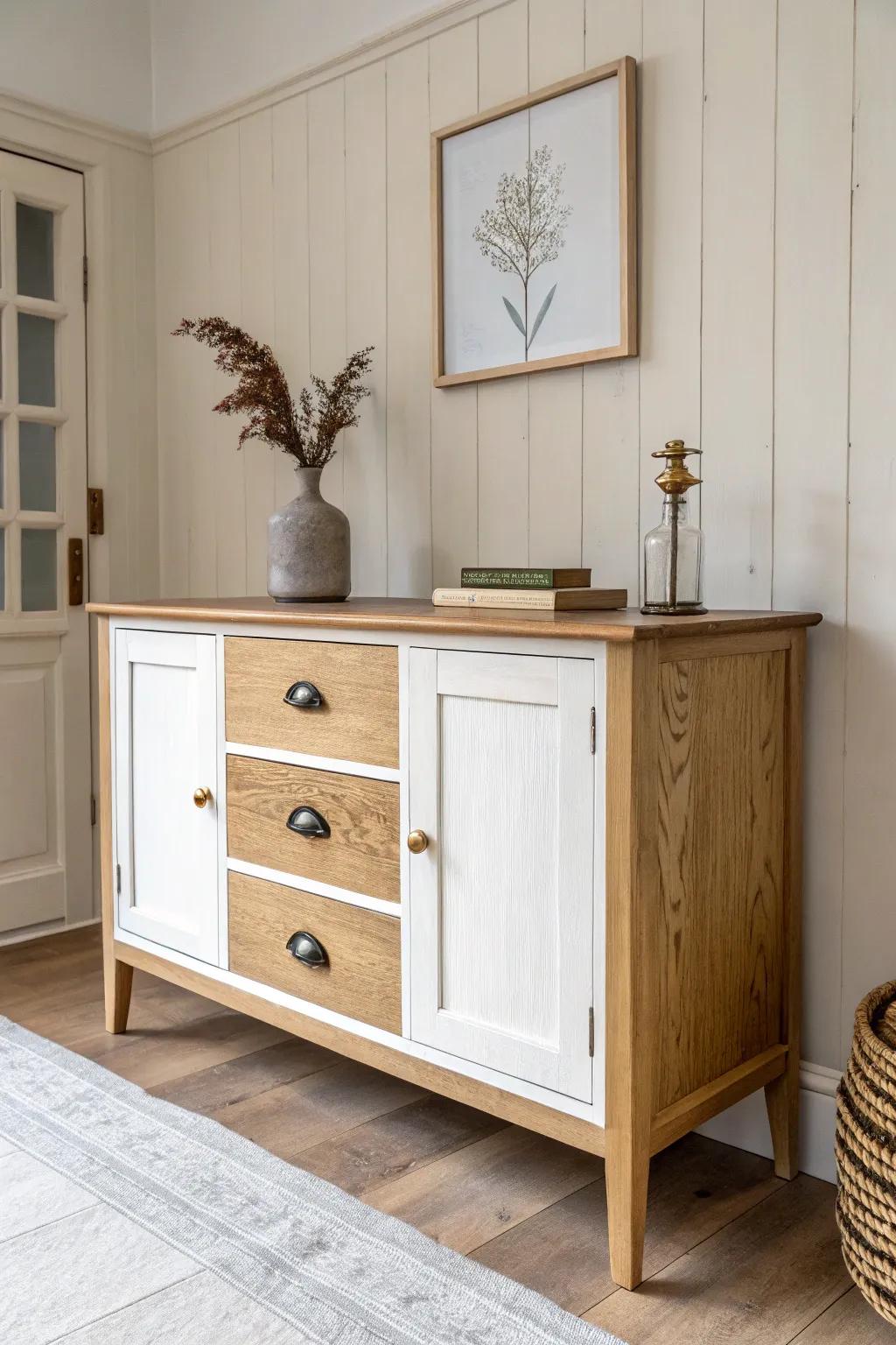 Repurposed sideboard turned entryway cabinet—fresh paint, new pulls, and hidden storage.