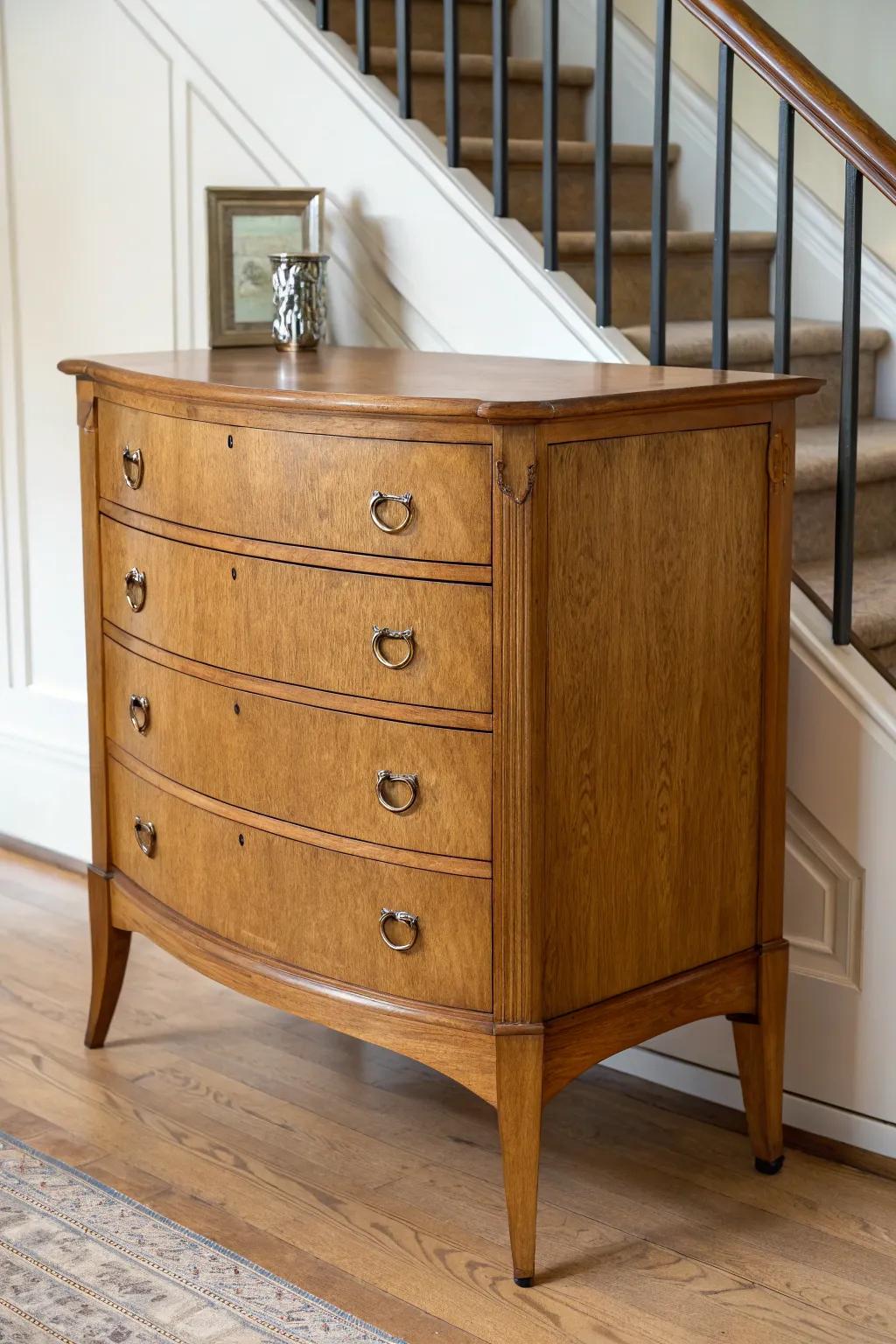 A vintage curved-front chest that makes the entryway feel instantly elegant and intentional.