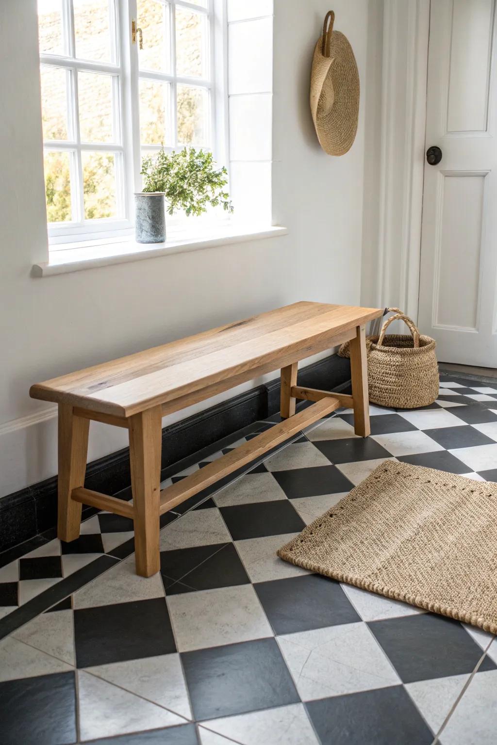 Bold black-and-white checkerboard tiles warmed up with a handcrafted oak bench.