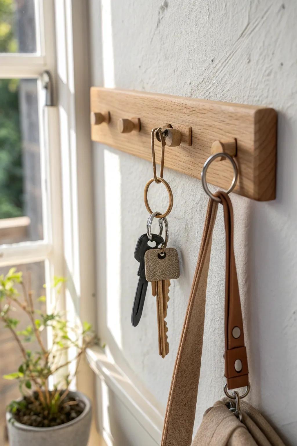 A simple oak key-hook drop zone with a tiny ledge—beautiful, calm, and impossible to lose keys.