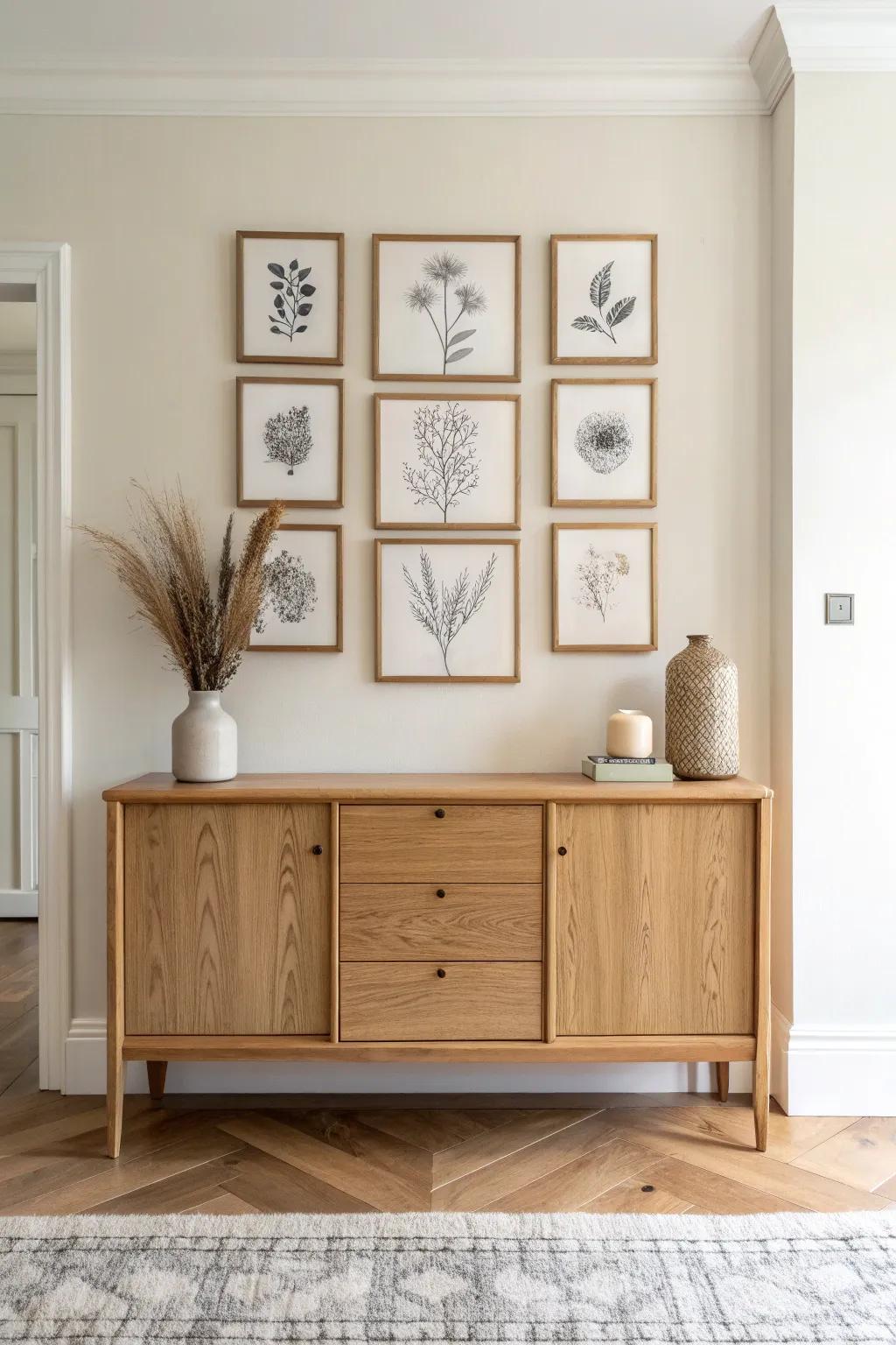A tight wood-toned gallery wall above an oak sideboard for a warm, personal entryway.