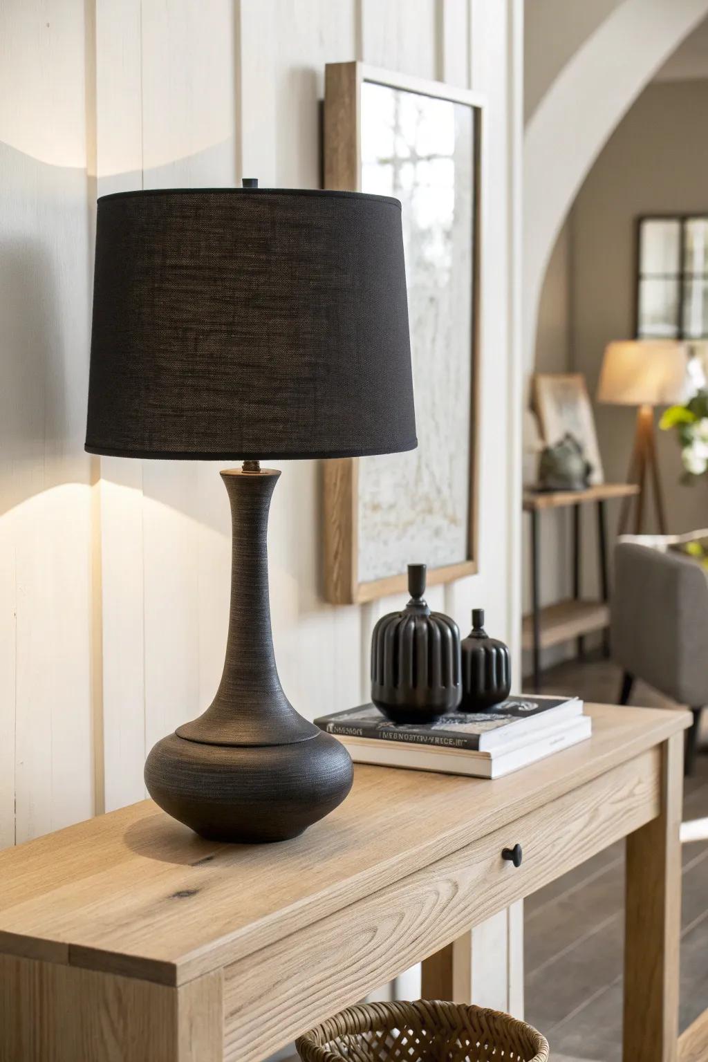 Matte black lamp on pale oak—an easy contrast trick that makes your entryway feel sharp.