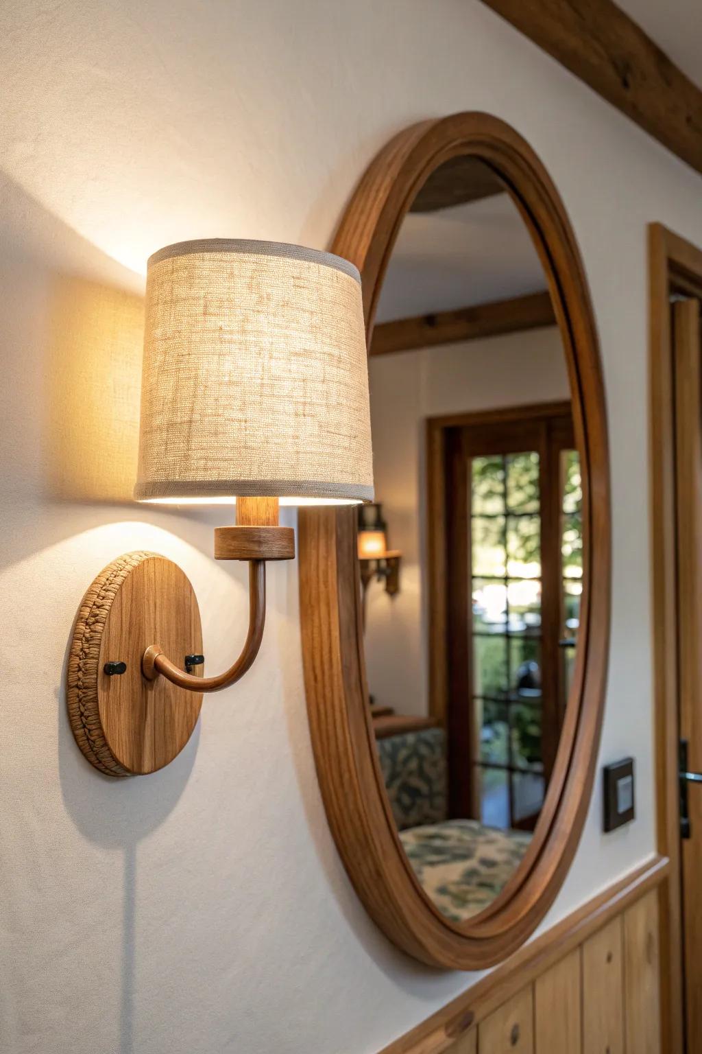 A warm oak wall sconce beside a mirror edge adds instant symmetry and entryway glow.