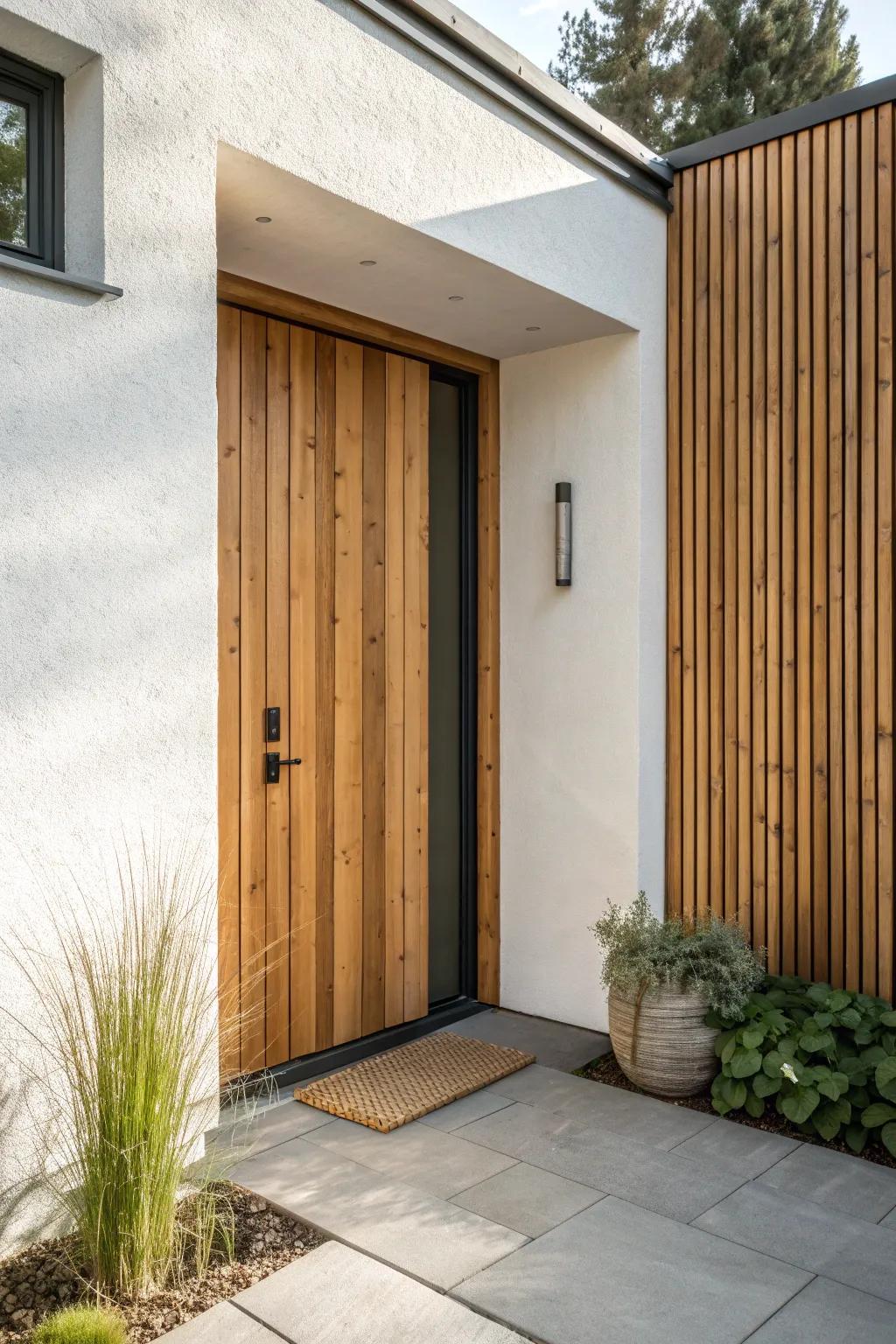 Warm cedar entry wrap beside stucco and metal—an instant modern facade upgrade.