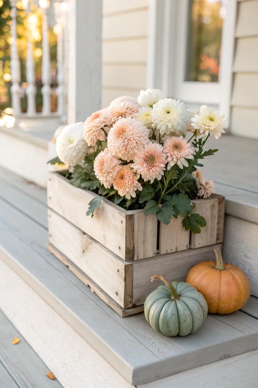 Porch-step crate styling with mums and heirloom pumpkins—simple, cozy fall curb appeal.