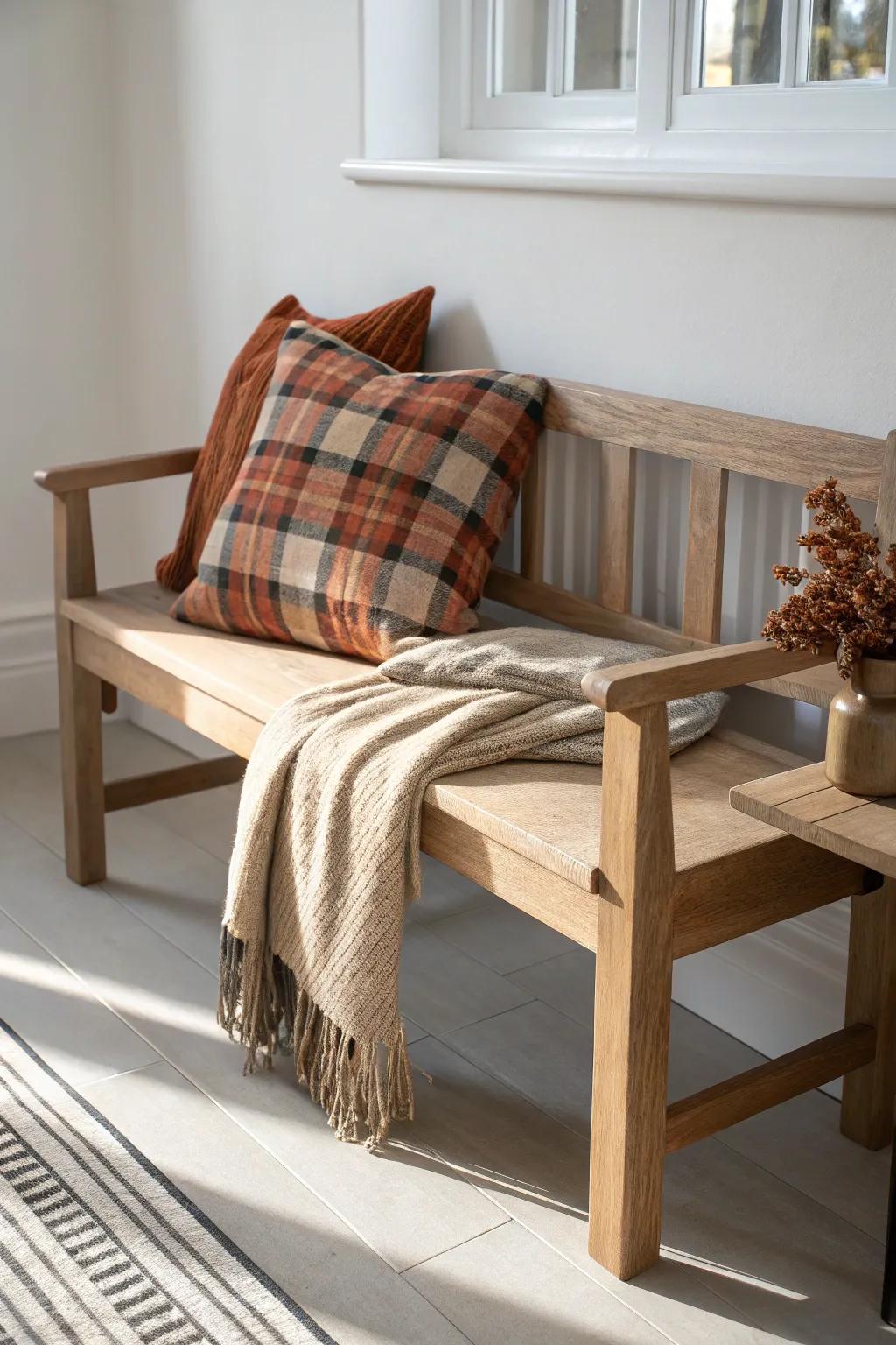 Cozy fall entryway: a simple oak bench styled with plaid and a chunky neutral throw.
