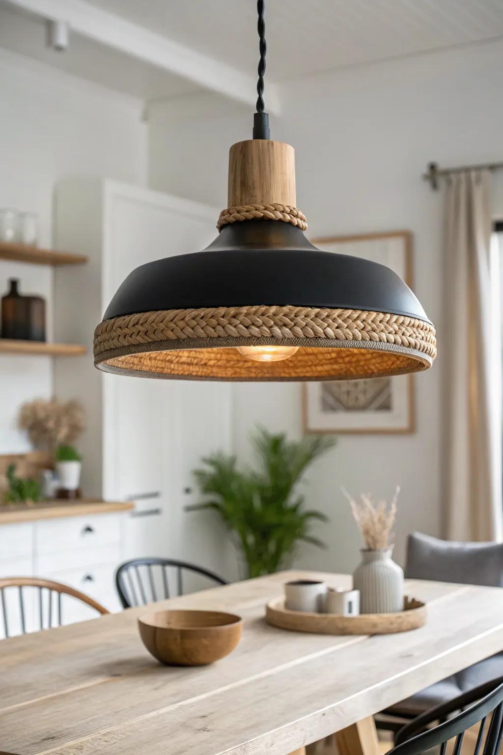 One oversized pendant in wood + metal anchors the table and makes weeknight dinners feel special.