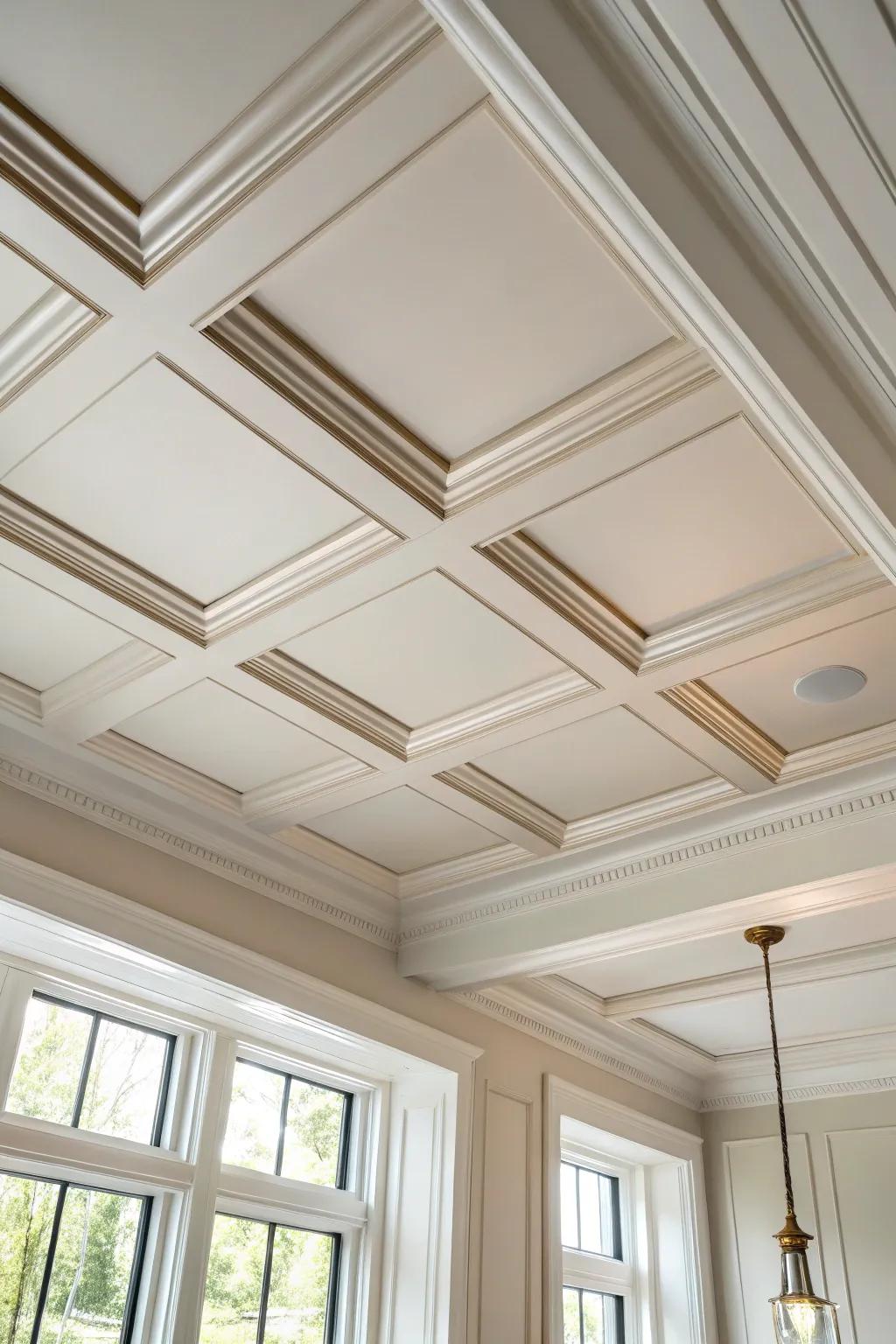 Soft box molding panels add tailored texture to a family room ceiling without feeling lower.
