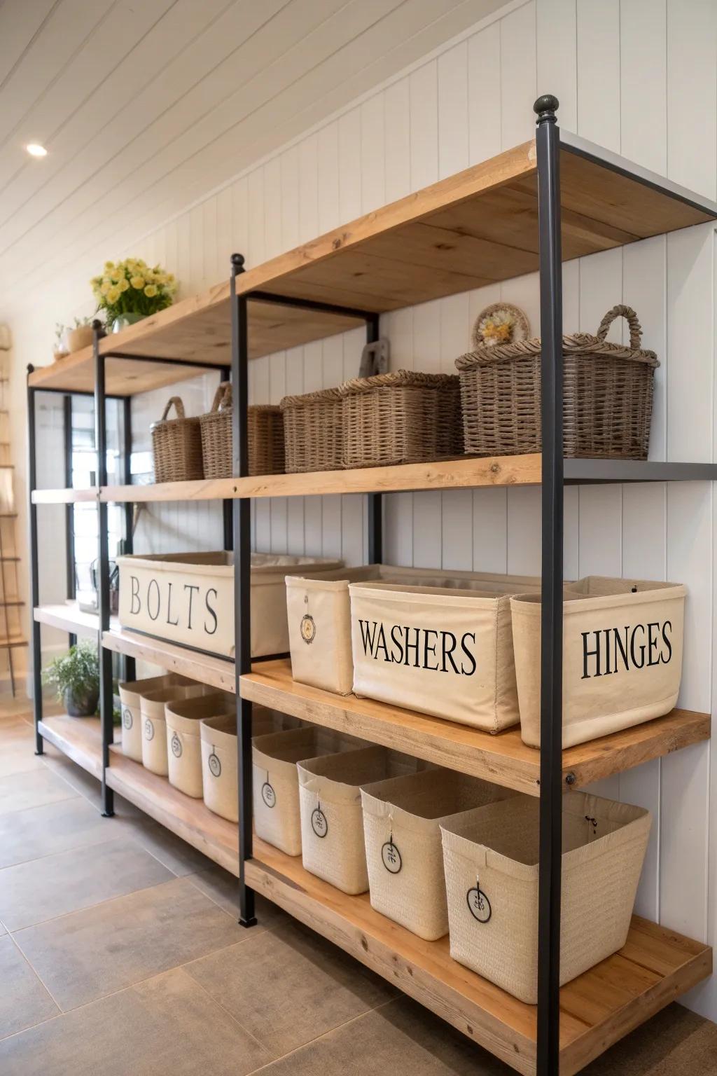 Vertical farmhouse order: tall wooden shelving with labeled bins—no more mystery bolts.