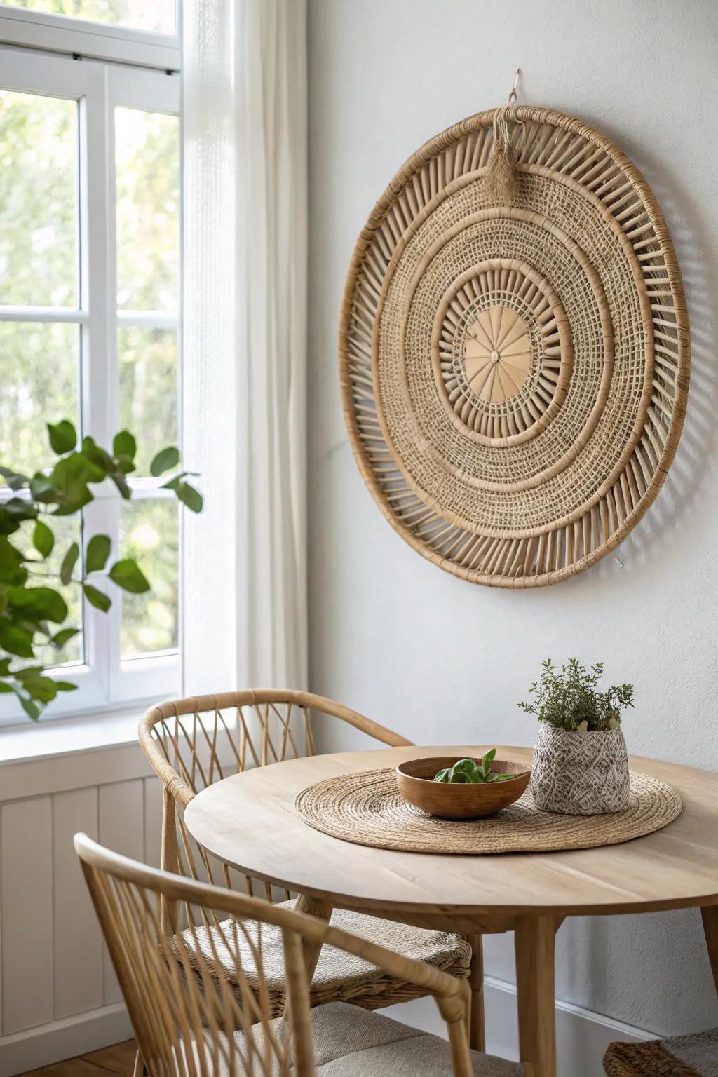 Round woven basket wall art above a light oak table—simple farmhouse charm with soft boho.