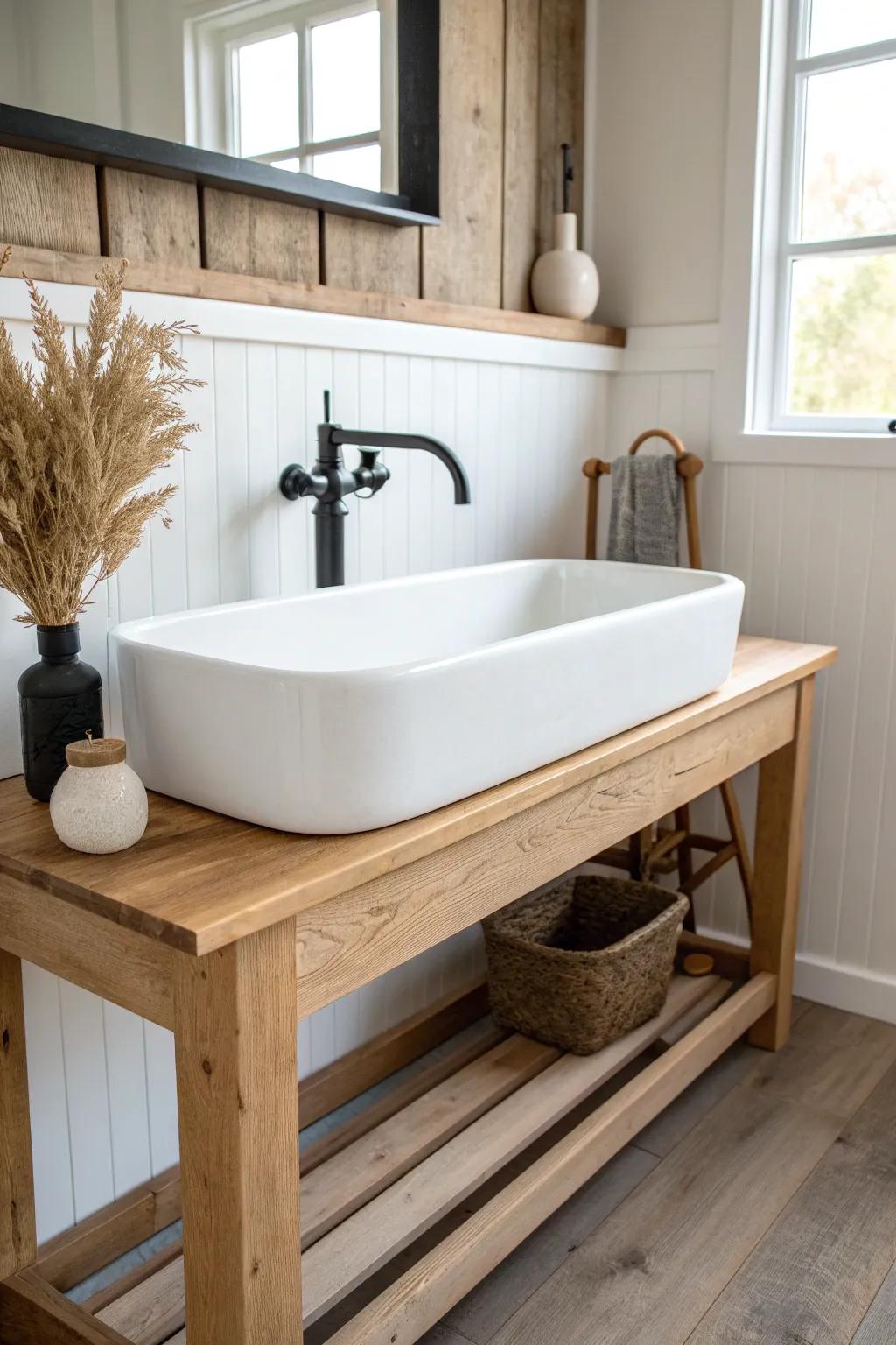A shared farmhouse trough sink on a handcrafted oak frame—minimal, warm, and practical.