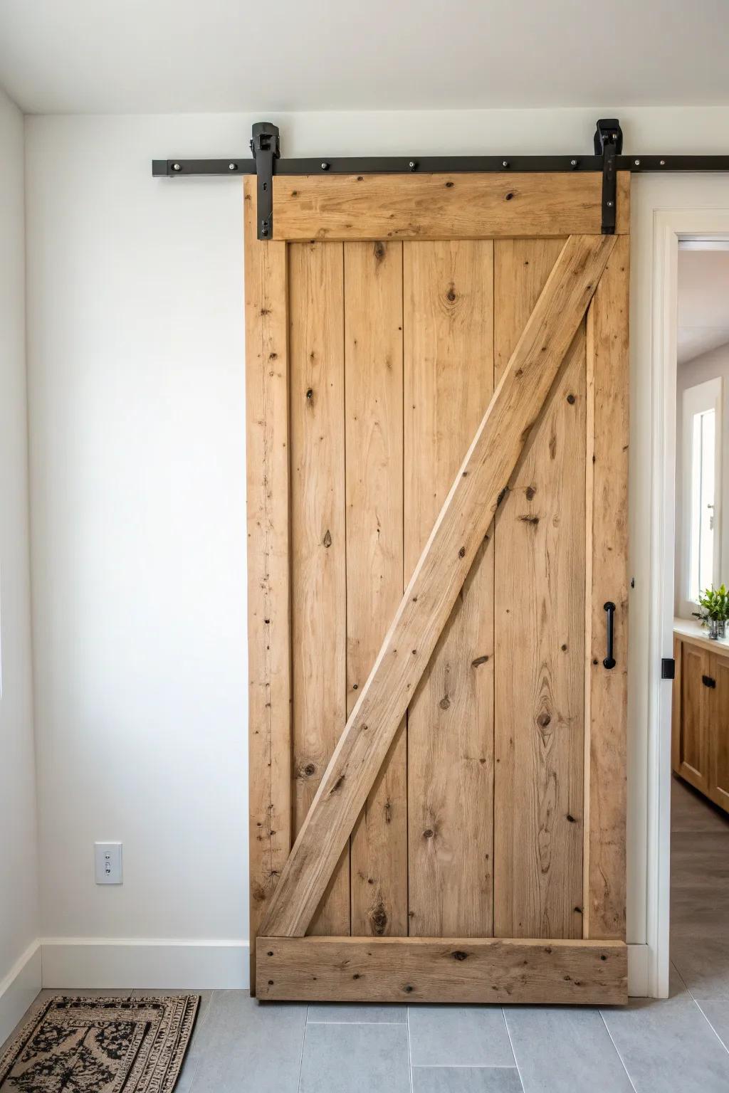 Natural reclaimed wood barn door with a soft matte finish—grain, knots, and character shine.
