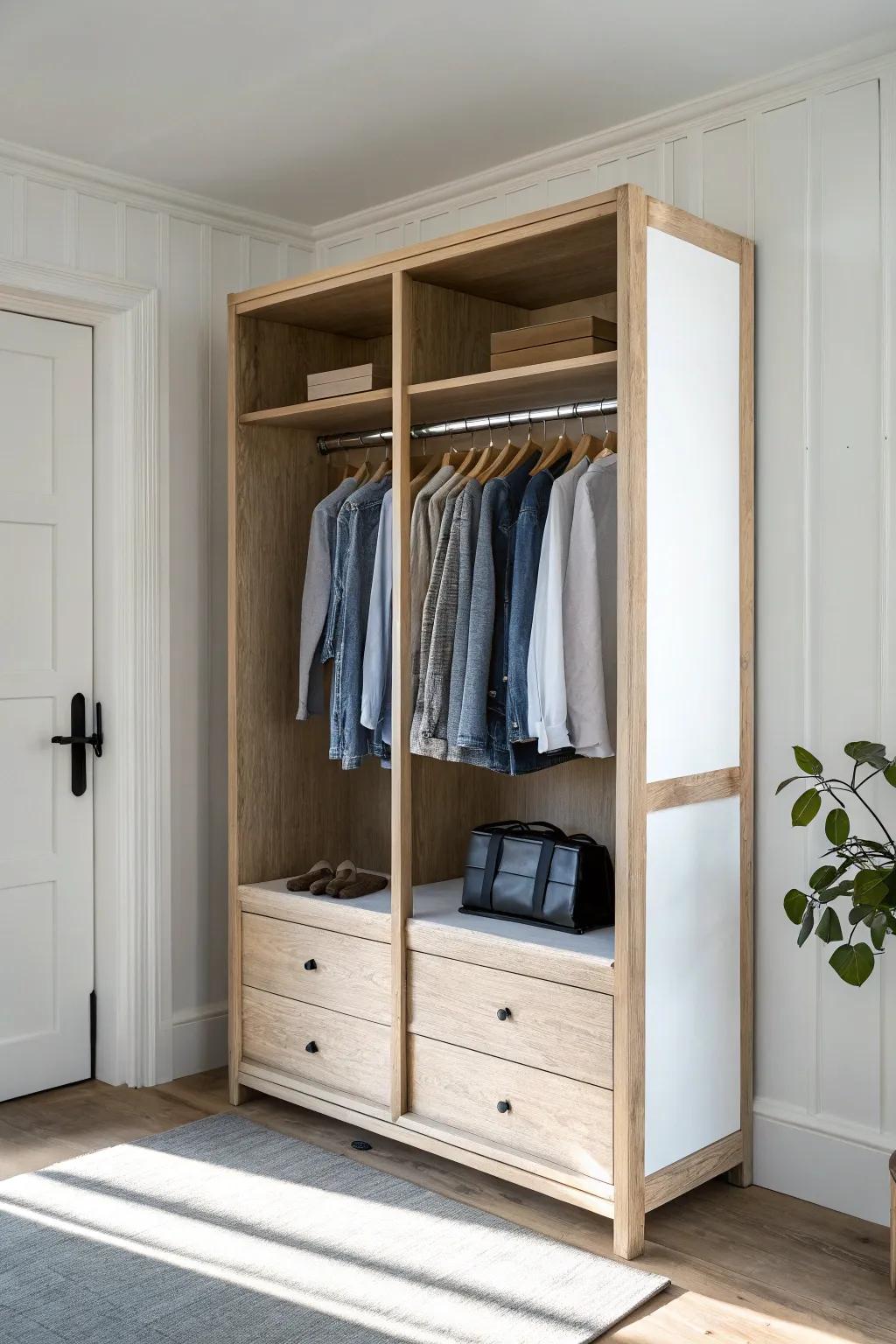 Double-hang rods in warm oak keep everyday tops and bottoms tidy—twice the space, zero clutter.