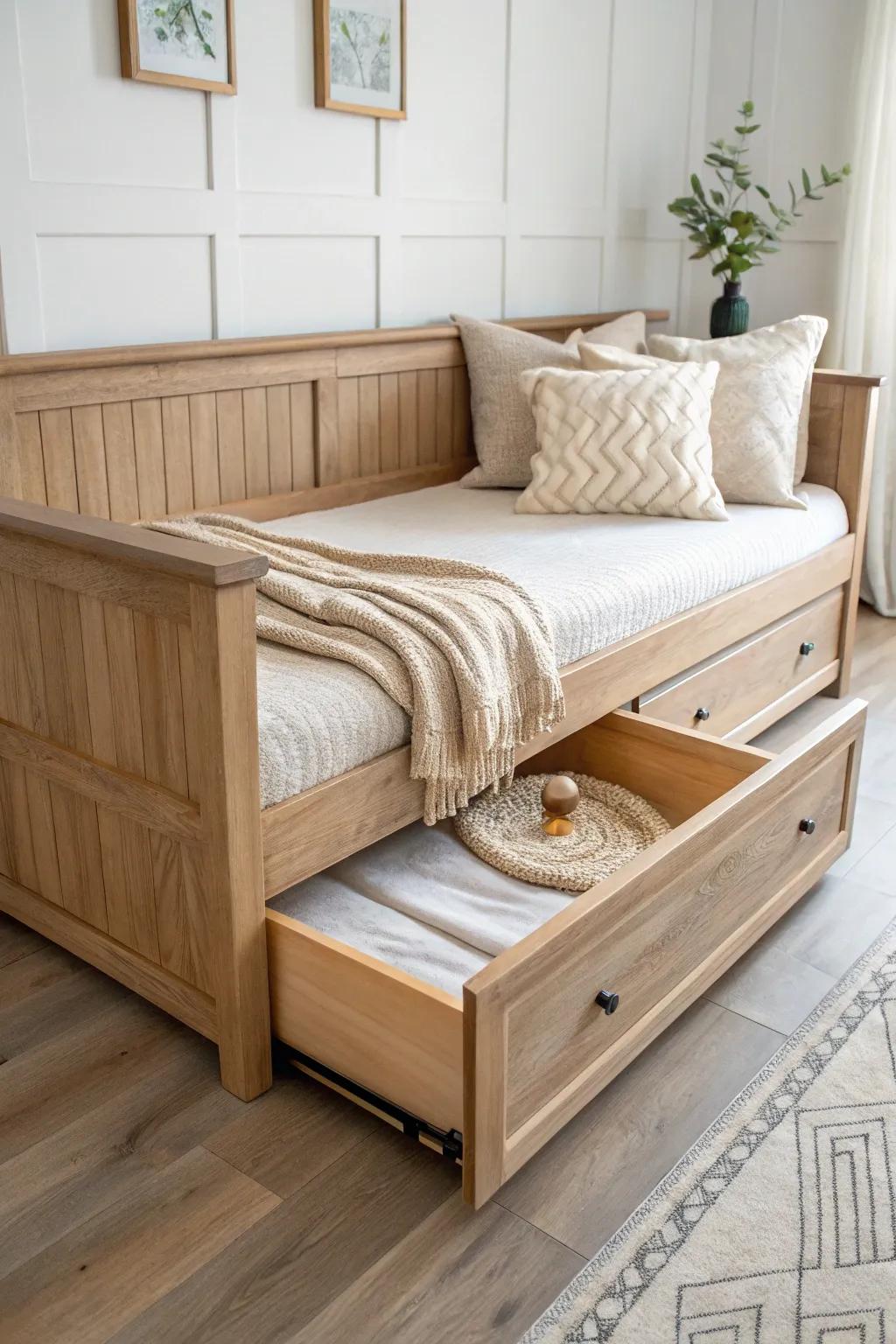 Farmhouse daybed with a plank-front trundle—minimal, cozy, and guest-room ready.