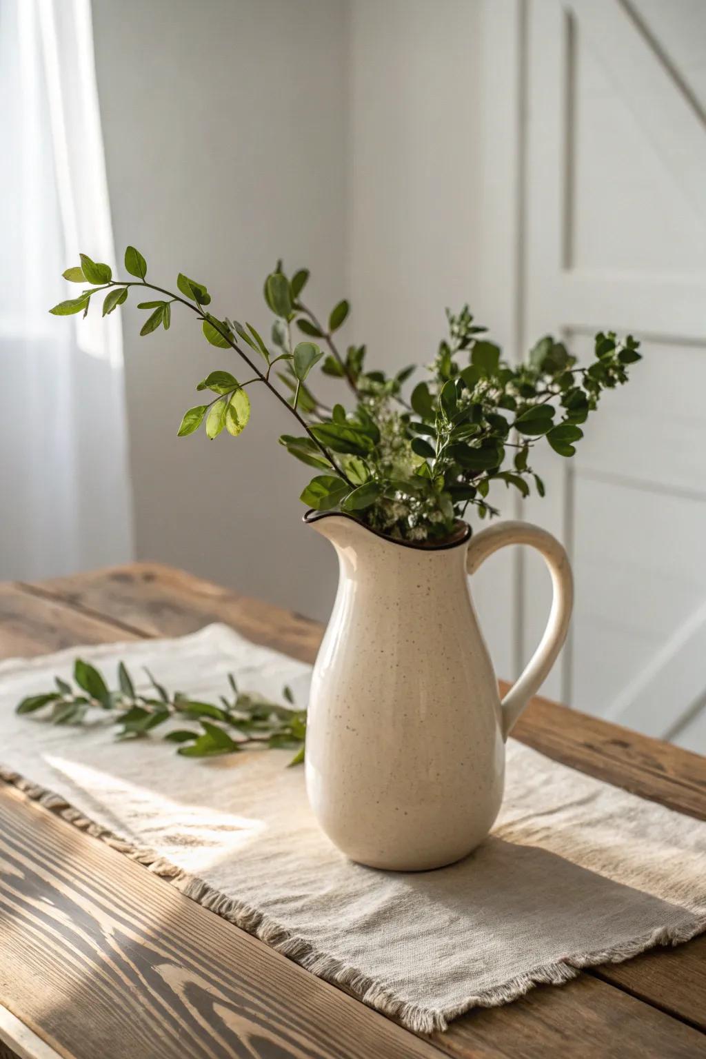 Fresh-cut branches in a simple pitcher: the easiest budget farmhouse touch for any room.