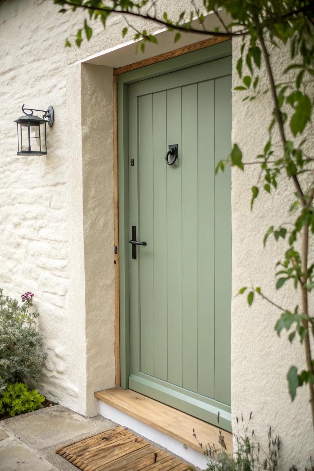 Soft sage farmhouse door: calm color pop that pairs beautifully with natural wood and greenery.