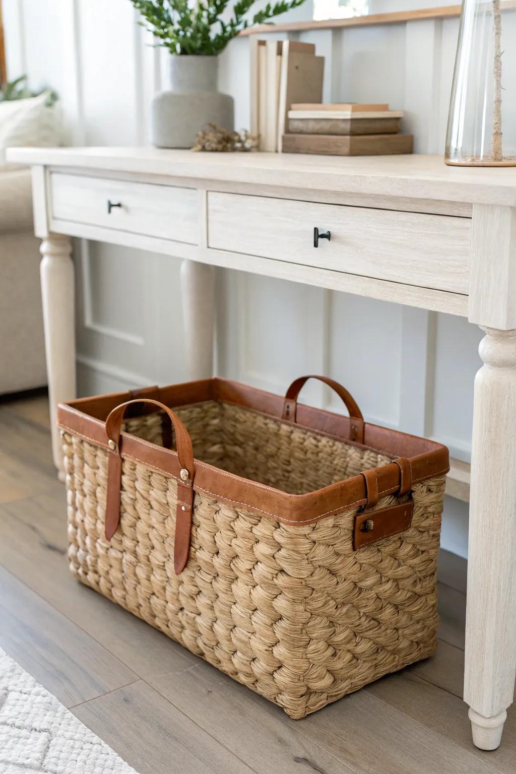 Woven baskets under the entry table add hidden storage and warm farmhouse texture.