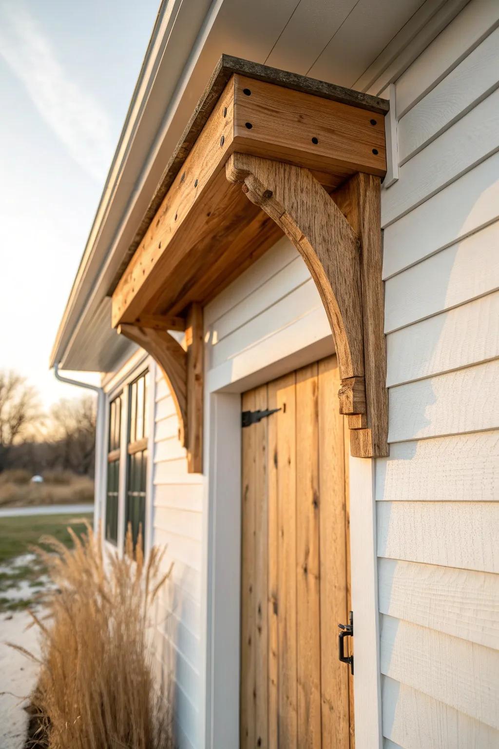 Warm reclaimed wood header and corbel detail—farmhouse charm with clean Scandinavian contrast.