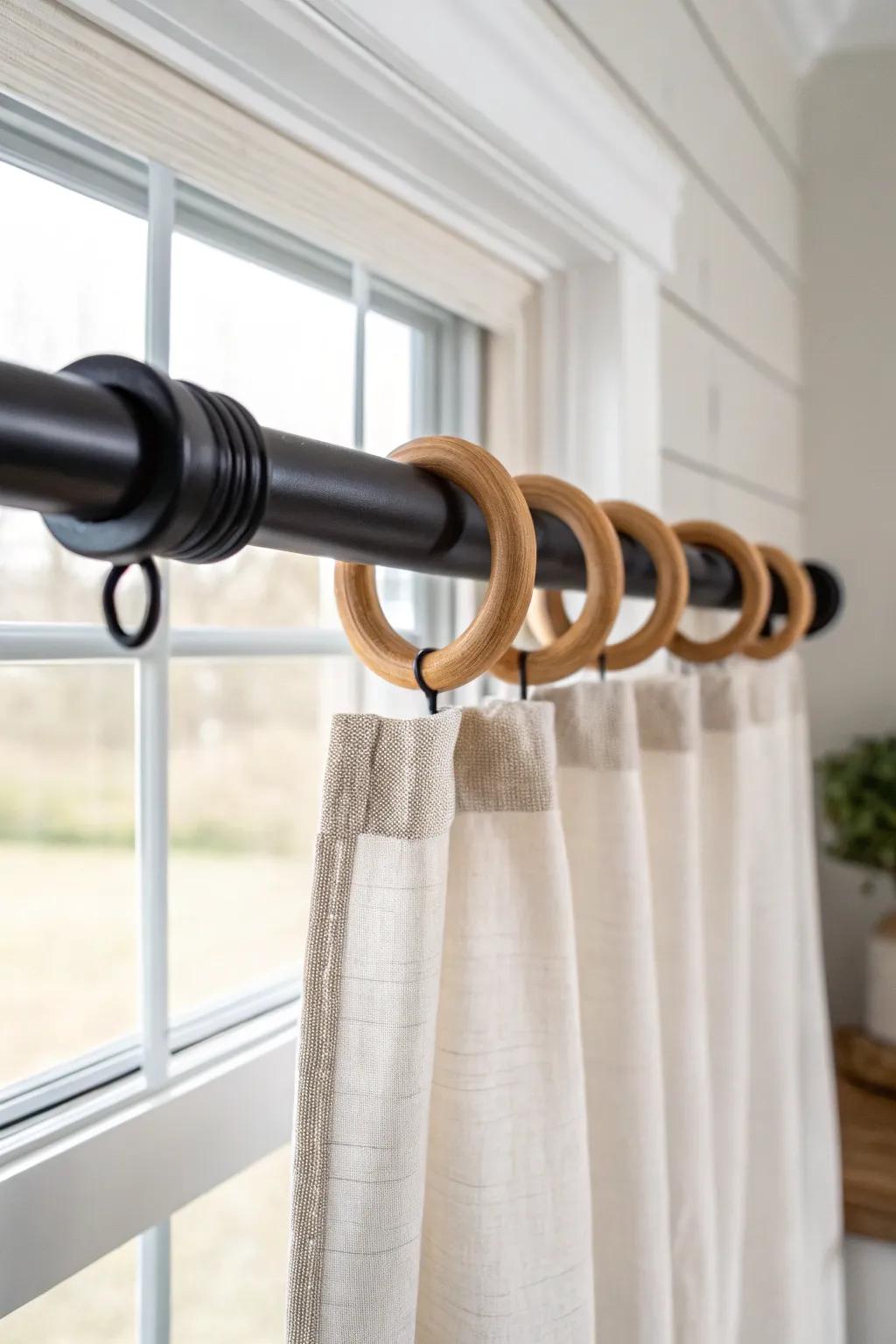 Modern farmhouse contrast: matte black rod paired with warm wood rings above the sink.