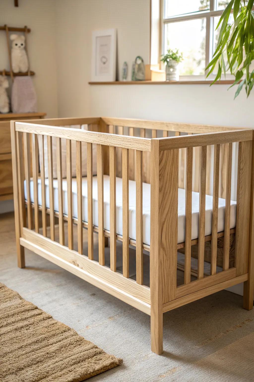 Clean-lined farmhouse crib in natural oak—simple, serene, and beautifully crafted.