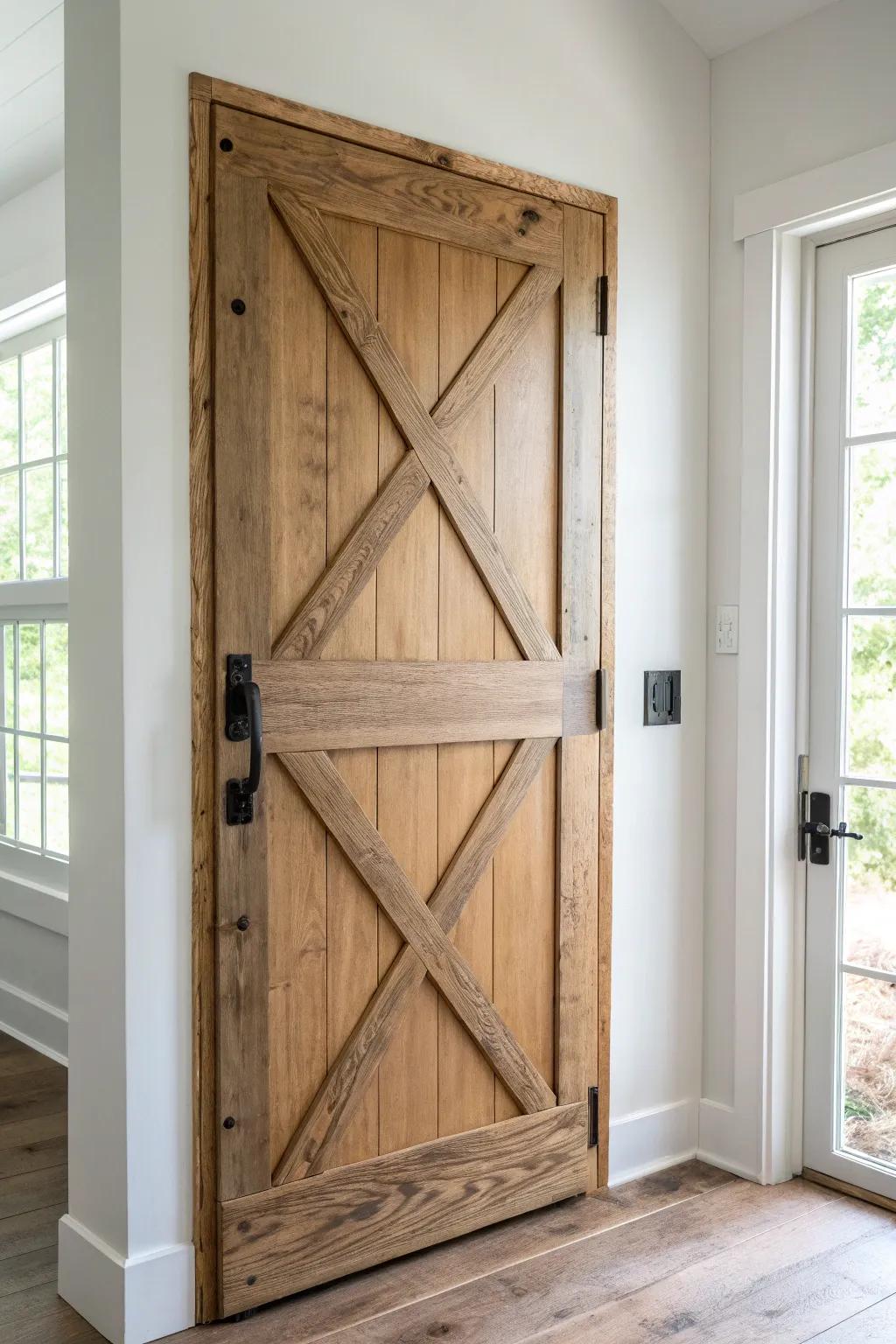Timeless X‑brace pantry door—rounded braces, warm wood grain, and clean Scandinavian contrast.