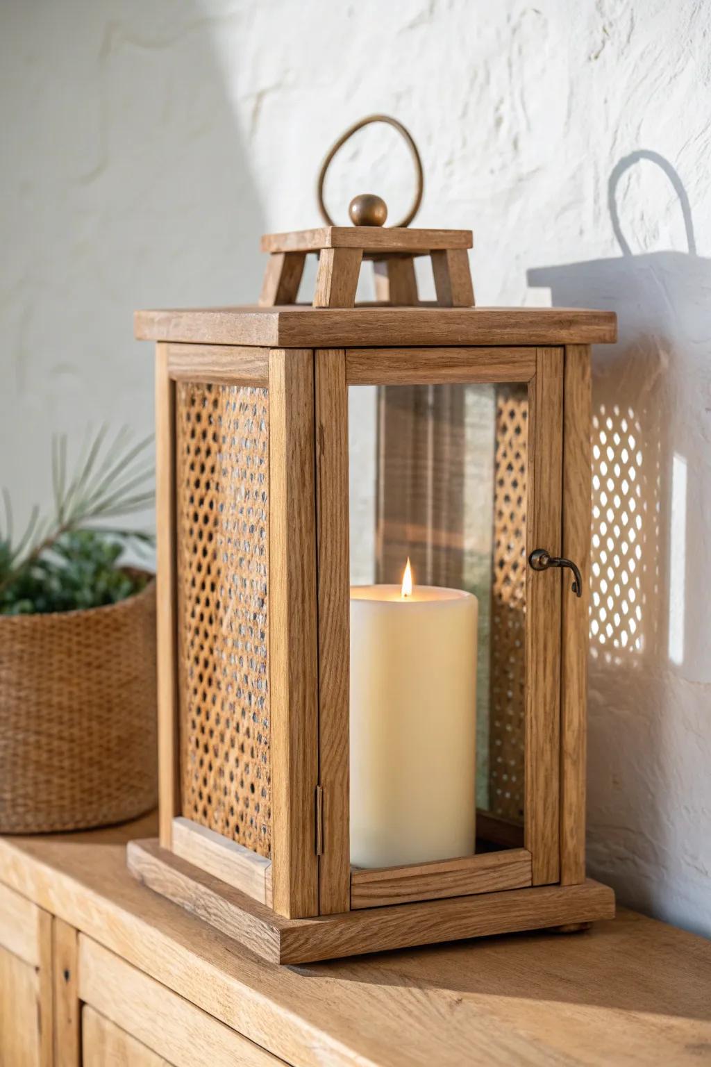 A simple oak lantern with an ivory pillar candle brings calm, cozy farmhouse glow.