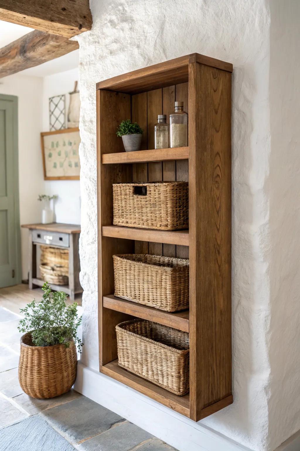 Farmhouse entryway shelf with woven baskets—simple storage that keeps clutter beautifully hidden.