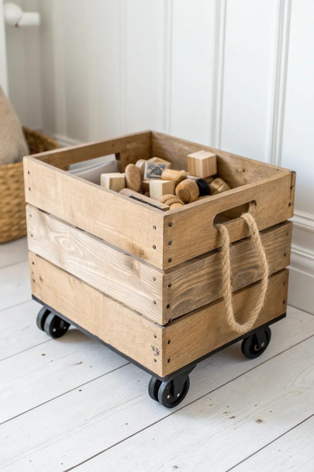DIY rolling crate toy bin—farmhouse charm with casters for lightning-fast cleanups.