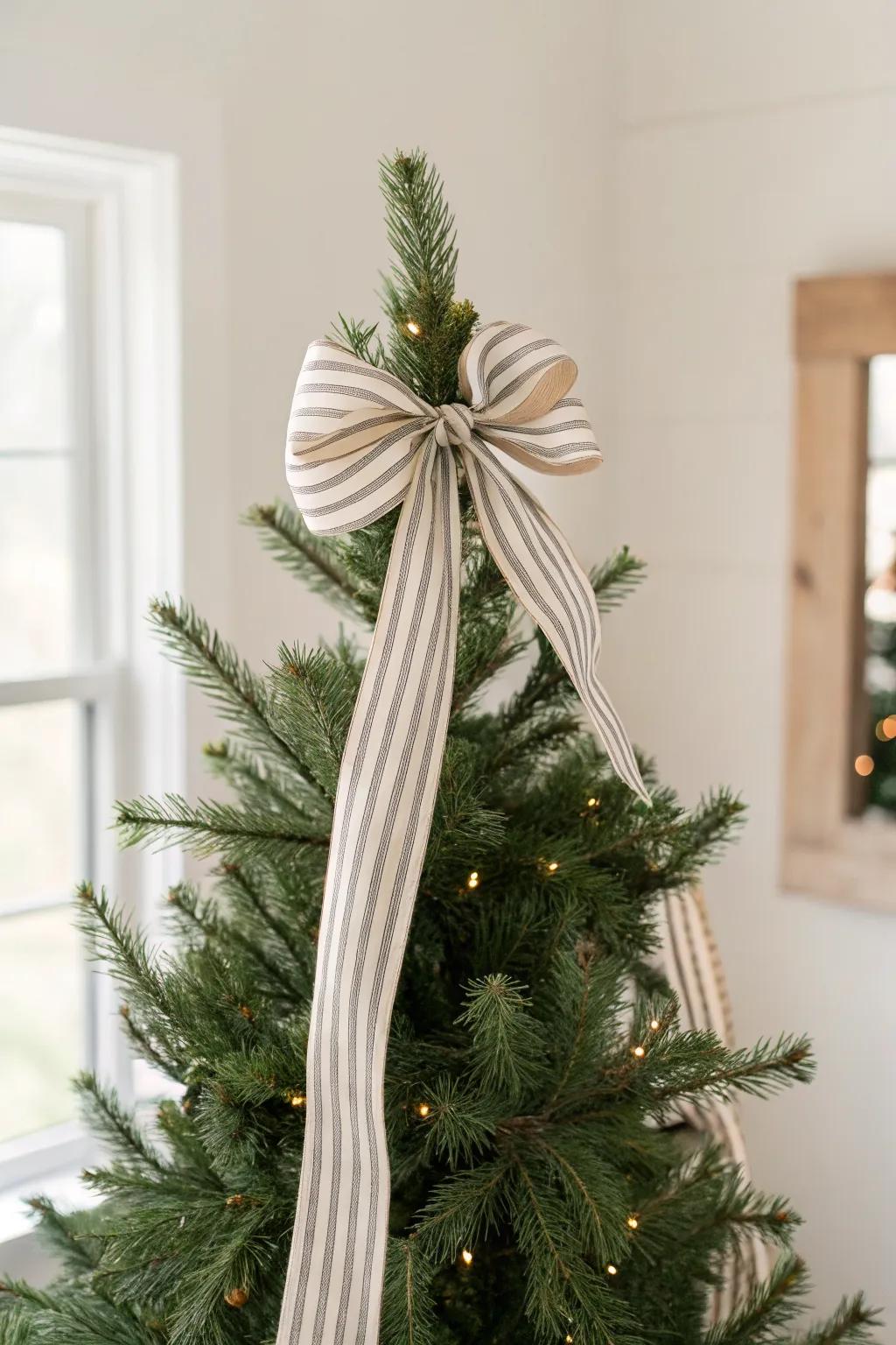 A calm farmhouse tree topper: a loose ticking-stripe ribbon knot with easy, draped tails.