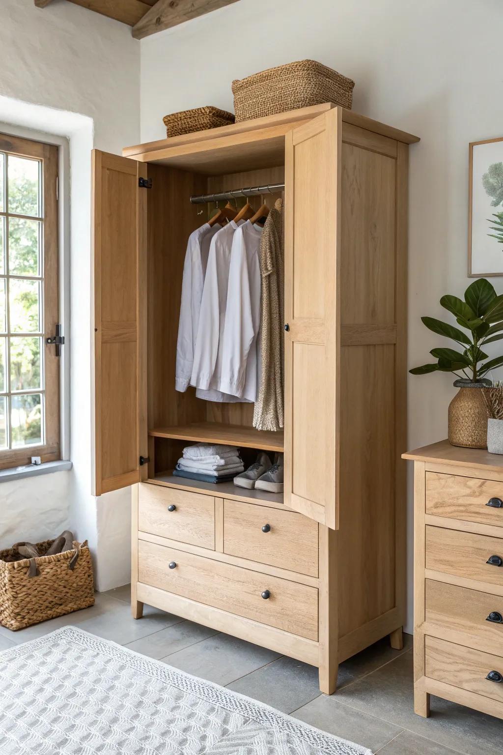 Open hanging space + sleek shallow drawers—farmhouse closet storage that looks calm and curated.