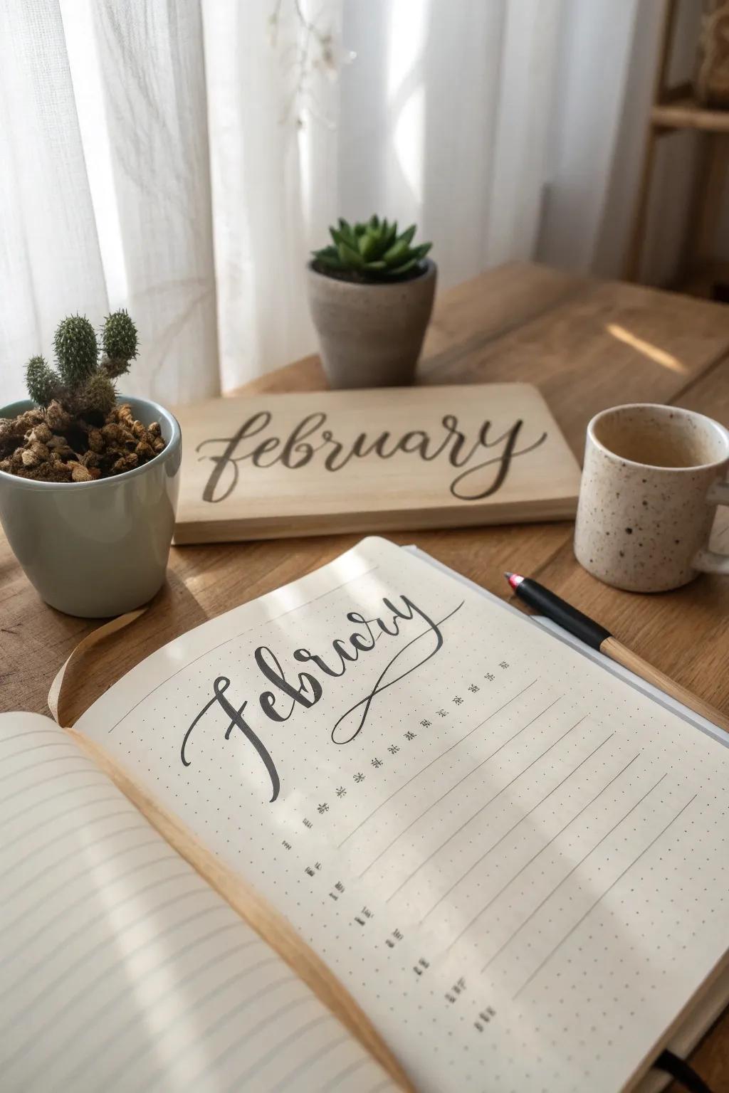 Embrace the art of handwritten elegance with your February bullet journal.