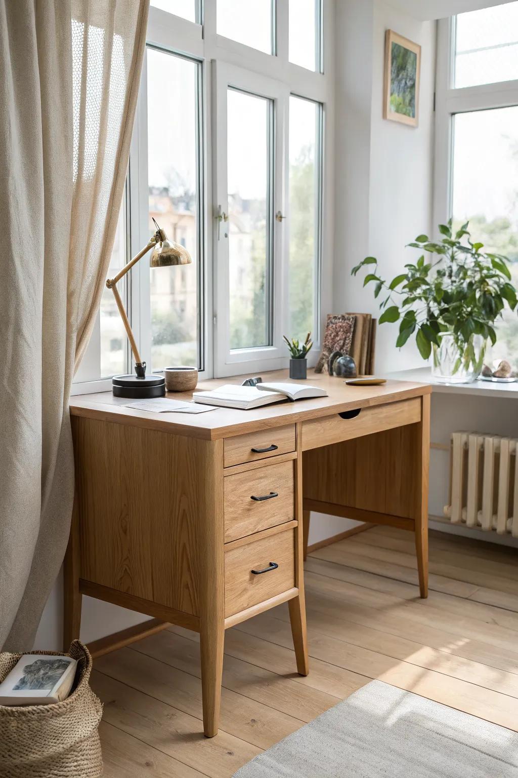 Sunlit under-window file cabinet desk—clean lines, warm wood grain, and practical storage.